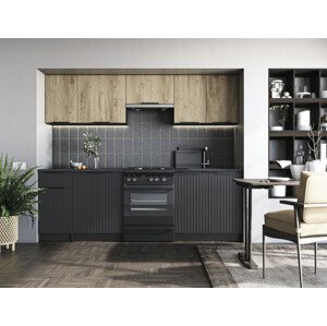 Kuchyňská sada EMMA 240, korpus: tmavé uhlíkové dřevo, přední strana: dub artisan / černá