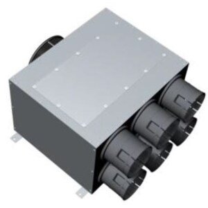 Distribuční box DN160, 6 vyústků DN90, přímý, pro rozvody vzduchu, pozinkovaná ocel/PP