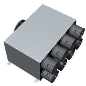 Distribuční box DN160, 8 vyústků DN90, přímý, pro rozvody vzduchu, pozinkovaná ocel/PP