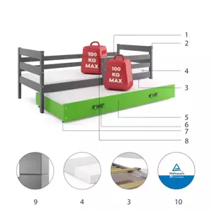 Dětská postel Eryk - 2 osoby, 80x190 s výsuvnou přistýlkou – Grafit, Zelená