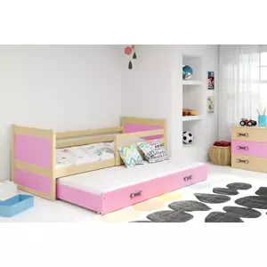 Dětská postel Rico - 2 osoby, 90x200 s výsuvnou přistýlkou – Borovice, Růžová
