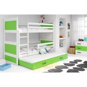 Dětská patrová postel Rico - 3 osoby, 90x200 s výsuvnou přistýlkou – Bílá, Zelená