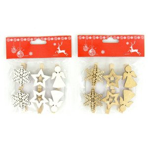 Vločka,hvězdička a andílek, vánoční dřevěná dekorace na kolíčku, 6 kusů v sáčku, AC7135