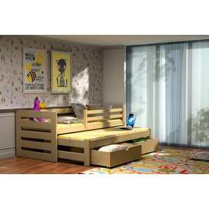 Dětská postel s výsuvnou přistýlkou DPV 007 + zásuvky, Rozměr : 200 cm x 90 cm , Povrchová úprava : Bezbarvý ekologický lak