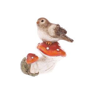 Ptáček sedící na červené houbě. Polyresin. ALA278-RED