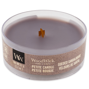 WoodWick Petite malá svíčka s dřevěným knotem semiš a santalové dřevo 31 g