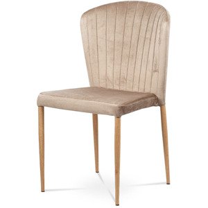 Jídelní židle, krémová sametová látka, kovová podnož, 3D dekor dub CT-614 CRM4