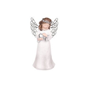 Anděl s kovovými křídly držící srdce nebo ptáčka, barva bílá glitrovaná. Polyres AND218