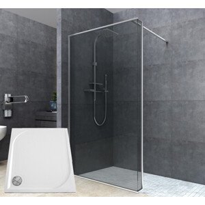 SIMPLE sprchová zástěna Walk-In šedá/transparentní 100 x 200 cm s vaničkou z litého mramoru 100 x 90 cm