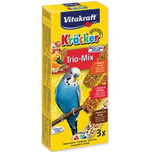 Tyčinky Vitakraft Kracker Trio Mix andulka, s medem, pomeranči a popcornem 3ks
