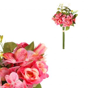 Růže a hortenzie v pugetu, růžová barva. KUY085 PINK, sada 4 ks