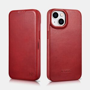 Knížkové pouzdro iCarer Oil Wax Curved Edge na iPhone 14 Barva: Červená