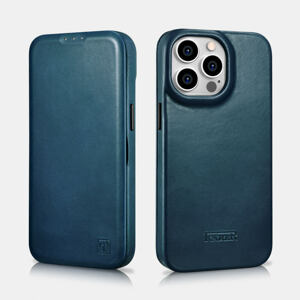 Knížkové pouzdro iCarer Oil Wax Curved Edge na iPhone 14 Pro Barva: Modrá