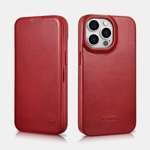 Knížkové pouzdro iCarer Oil Wax Curved Edge na iPhone 14 Pro Barva: Červená